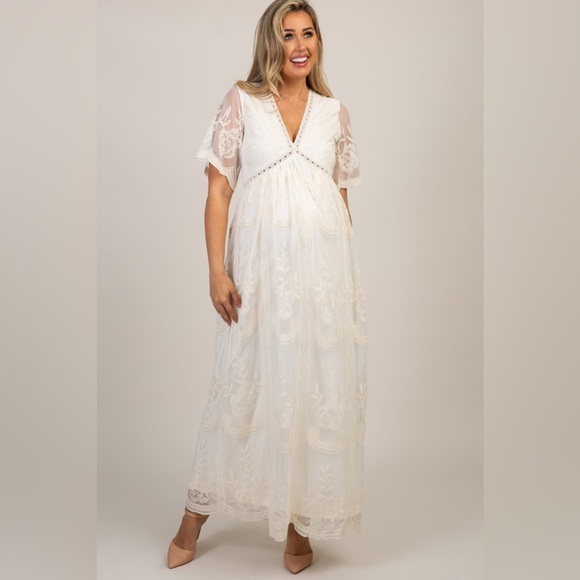 PinkBlush Maternity Cream Lace Mesh Overlay Maxi Dress, new with tag, Size S - Picture 2 of 10